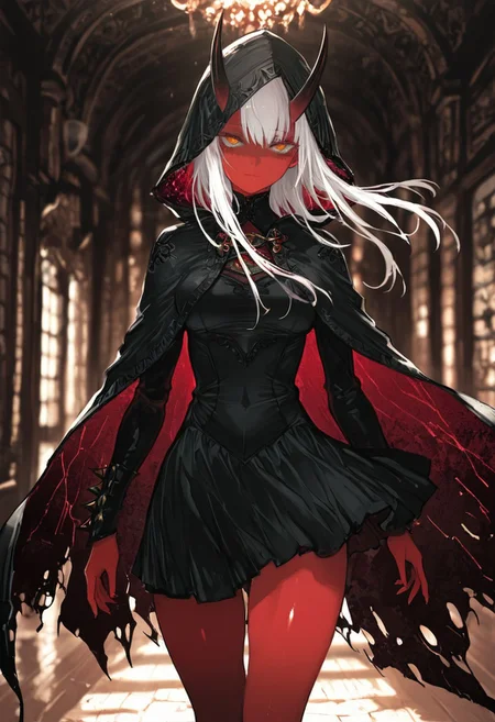 masterpiece, amazing quality, best quality, ultra-detailed, 8K, illustrating, CG, bioluminescent skin, ultra-detailed-eyes, detailed background, cute girl, eyelashes, lowlight
BREAK
sexy, slutty, hot, aroused,
Aka-Oni, oni, colored skin, red skin, smooth horns, black horns
BREAK
(EyesHD:1.2), (4k,8k,Ultra HD), masterpiece, best quality, ultra-detailed, very aesthetic, sharp focus, depth of field, ray tracing, best lighting, detailed illustration, detailed background, cinematic, beautiful face, beautiful eyes,
BREAK
detailed background, eyelashes, erotic, looking seductive, coy. dynamic action image, detailed face, detailed eyes, direct mesmerizing gaze,
BREAK
blood, closed mouth, covered eyes, dress, floating hair, hooded cloak, long hair, long sleeves, looking at viewer,