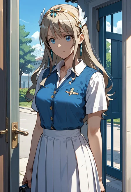 score_9,score_8_up,score_7_up,source_anime, Charlotte Eristein,1girl,solo,student,student uniform, outdoor, door, home