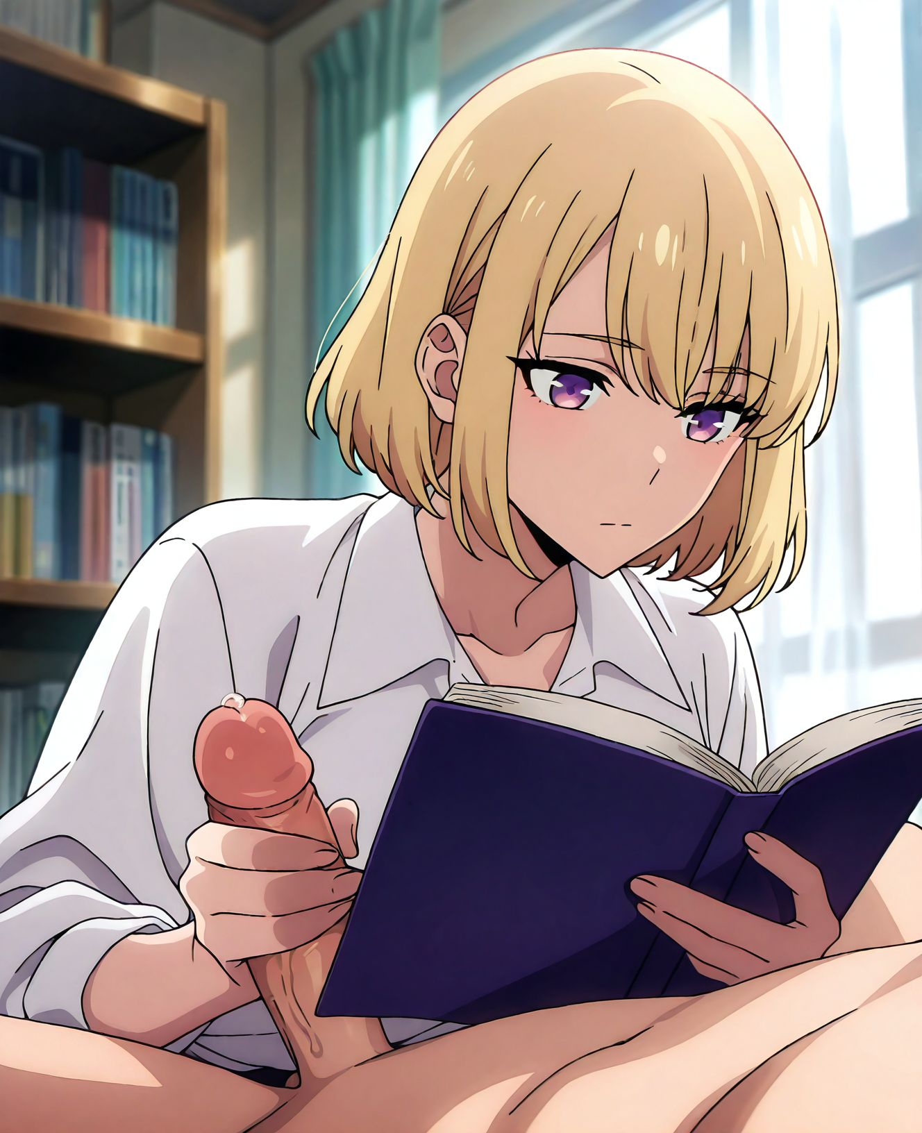 masterpiece, best quality, newest, absurdres, highres, detailed eyes, beautiful, detailed background, perfect eyes, anime coloring, anime screencap,
< lora:Distracted_sex:1> Distracted_sex,
hetero,1girl,penis,
1boy,clothed female nude male,
handjob,nude,handjob while reading,
looking at book,one hand holding book,precum, 
<lora:SoloLeveling_ChaHae-In_IlluXL:0.9> ,blonde hair, short hair, purple eyes, ChaHaeInCasual, collared shirt, white shirt,
indoors, 
official art,