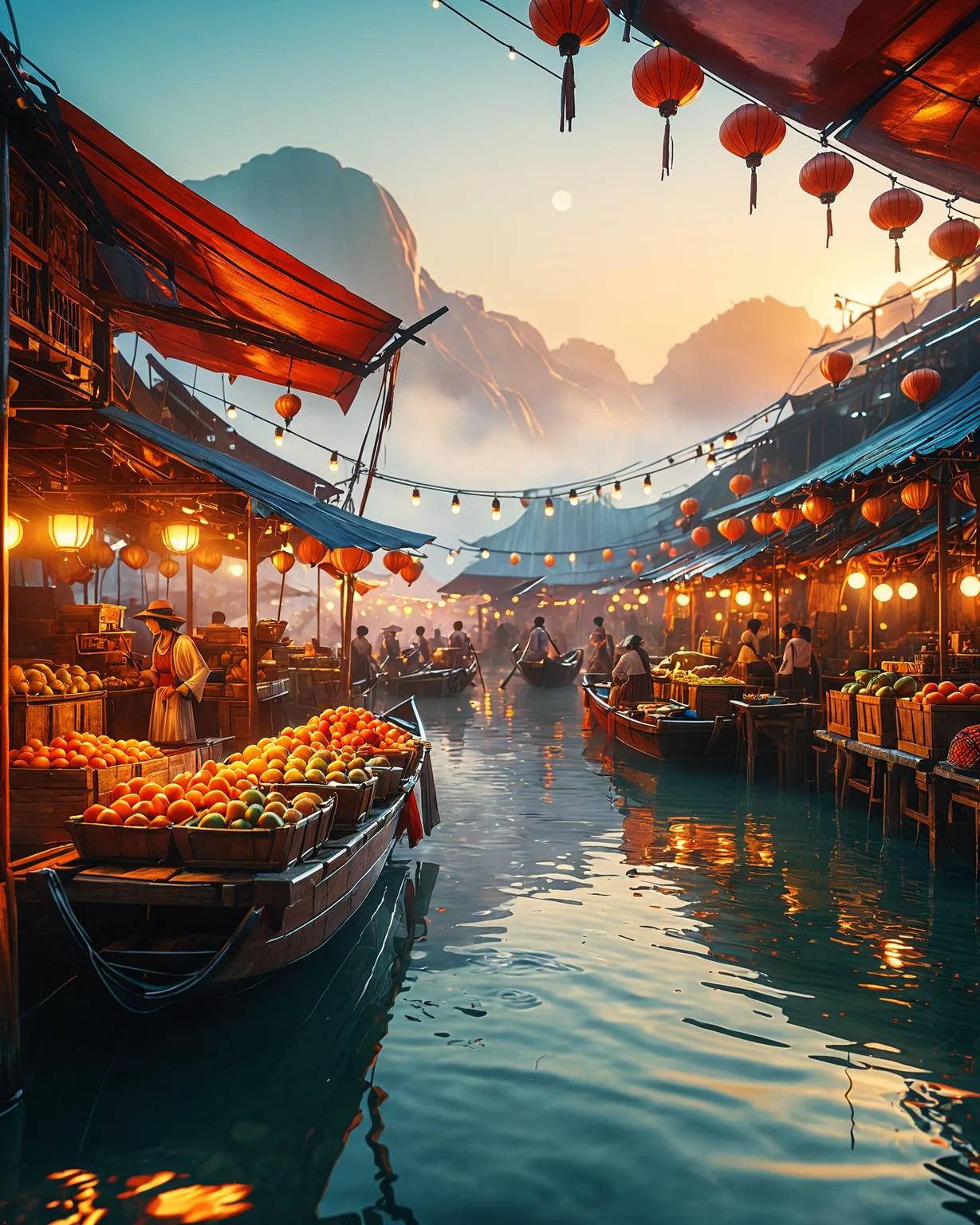 Floating market on Venus at dawn, masterpiece, fantasy, digital art, highly detailed, overall detail, atmospheric lighting, Awash in a haze of light leaks reminiscent of film photography, awesome background, highly detailed styling, studio photo, intricate details, highly detailed, cinematic, <lora:MJ52:0.6>, cinematic color grading