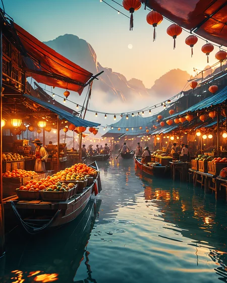 Floating market on Venus at dawn, masterpiece, fantasy, digital art, highly detailed, overall detail, atmospheric lighting, Awash in a haze of light leaks reminiscent of film photography,  awesome background, highly detailed styling,  studio photo, intricate details, highly detailed, cinematic,  <lora:MJ52:0.6>, cinematic color grading