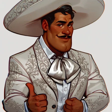 Zpdxl3, Score_7_up, score_8_up, upper body, solo male, 2d, low contrast, 
BREAK,
 Ernesto, brown skin, mustache, wide-brim hat, neckerchief, cocky, fancy suit, white suit, (thumbs up), simple background,