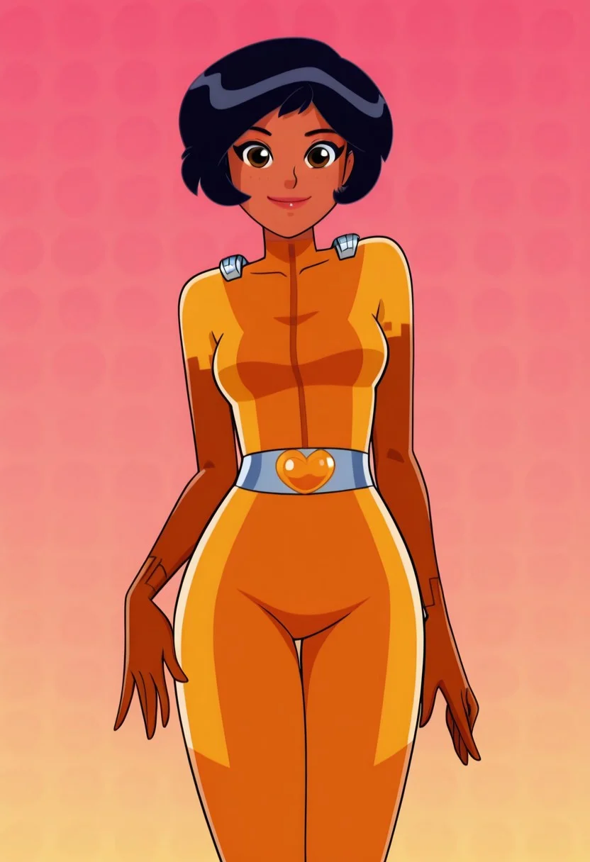 masterpiece, best quality, good quality, 1girl, solo, cartoon, totally_spies_2k24, alex, black hair, brown eyes, dark-skinned female, yellow bodysuit, sexy, medium breasts, beautiful, detailed, high detailed, very beautiful, detailed face, detailed eyes, detailed hand, abstract background, neon, smile, posing, pose, looking at viewer, face focus