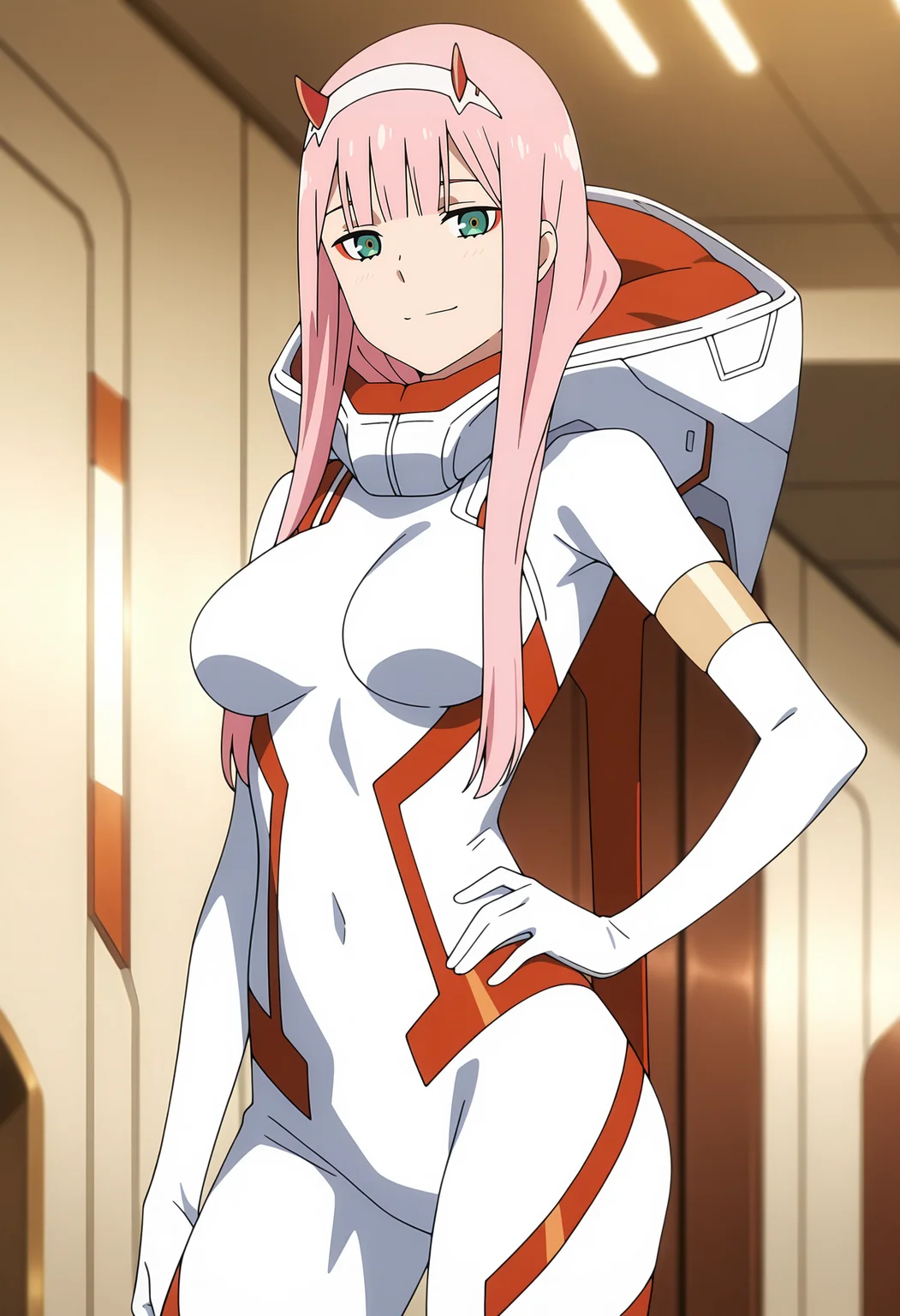 anime screencap, masterpiece, best quality,
<lora:DarlingInTheFranxx_ZeroTwo_IlluXL:0.9>,
1girl, solo, closed mouth, light smile,
blunt bangs, long hair, pink hair, green eyes, red eyeshadow, red horns, white hairband,
white bodysuit, hood, armlet, red trim, skin tight,
hand on own hip, contrapposto, looking at viewer,
indoors, science fiction, blurry background