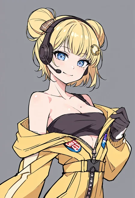 score_9, score_8_up, source_anime, t1kosewad, sketch, flat color, grey background, 1girl, solo, amelia_astro, double bun, short hair, headset, hair ornament, yellow jumpsuit, open clothes, bare shoulders, black tube top, gloves, [[zipper]], mole on breast, light smile <lora:t1kosewad-pony:1>  <lora:watson_amelia_sdxl_pony:1>