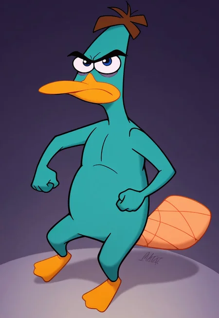 c4toony style, Doofapus, platypus, sfw, score_9, score_8_up, score_7_up, score_6_up, score_5_up, score_4_up, source_furry, hi res, 2D artwork.

1boy, solo, teal fur, male furry, duck feet, orange feet, webbed feet, duck bill, orange beak, beaver tail, orange tail, blue eyes, serious expression, fighting stance.
 
front view, animal focus.

Indoors, dark purple walls,