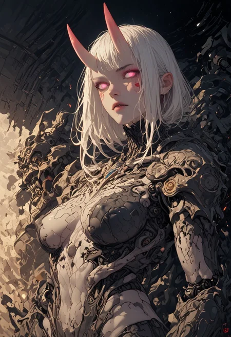 1girl, (score_9, score_8_up:1.1), score_7_up,
futuristic female warrior with white hair and a sleek, armored outfit standing confidently, oni horns, white skin, glowing pink eyes, pensive, huge natural breasts, fit, blue eyes, oni breast plate armor, demon armor
Perspective, in space ship, front view, parted lips,