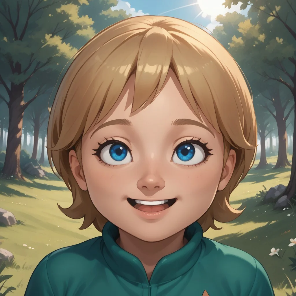 score_9, score_8, BREAK, solo, mii, wii, wii sports resort, 1girl, female mii, cute, blonde hair, black blue eyes, rare eyes, tree shaped nose, open mouth, buck tooth, double chin, chubby, chubby female, dark green clothing, white pants, shoes, Megan_(\Wii_Sports_Resort\), Nintendo Mii, modern_mii, classic_mii, big breasts, sexy pose, self portrait, smile, outdoors, sunlight, shadows, evening lighting, natural lighting, forest, trees, grass, orange sky, sunset