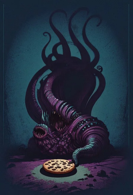 score_9, score_8_up, score_7_up, score_6_up, novuschroma28 style, easynegative, detailxl, BREAK, monster, tentacles, niggurath, eating a cookie, cookie art design, cookie decoration,solo cookie,(flat art),