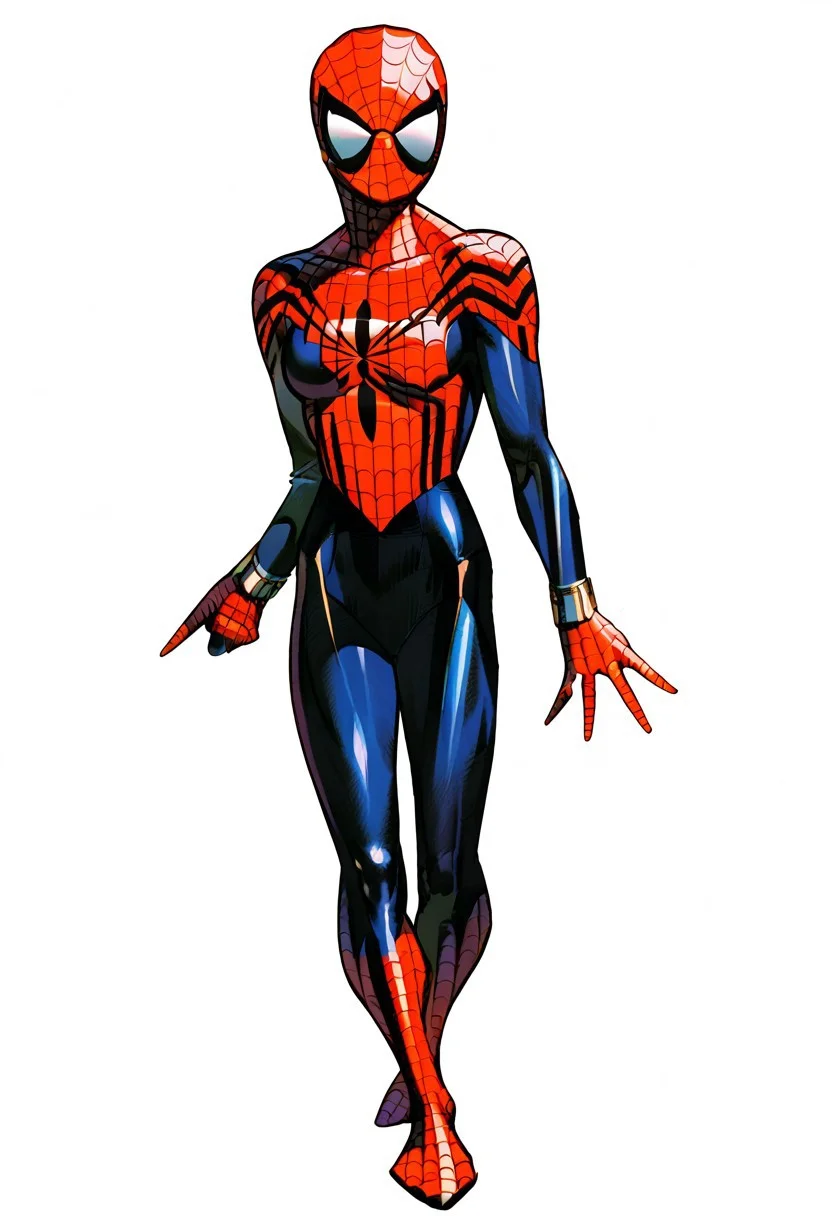 score_8, score_8_up, score_7_up, 1girl, female focus, solo, MVC2style, Mayday_MC2, SGMC2, mask, bodysuit, print body suit, spider web print, bracers, gloves, superhero, looking at viewer, full body, standing, \M/, simple background, white background, upper body