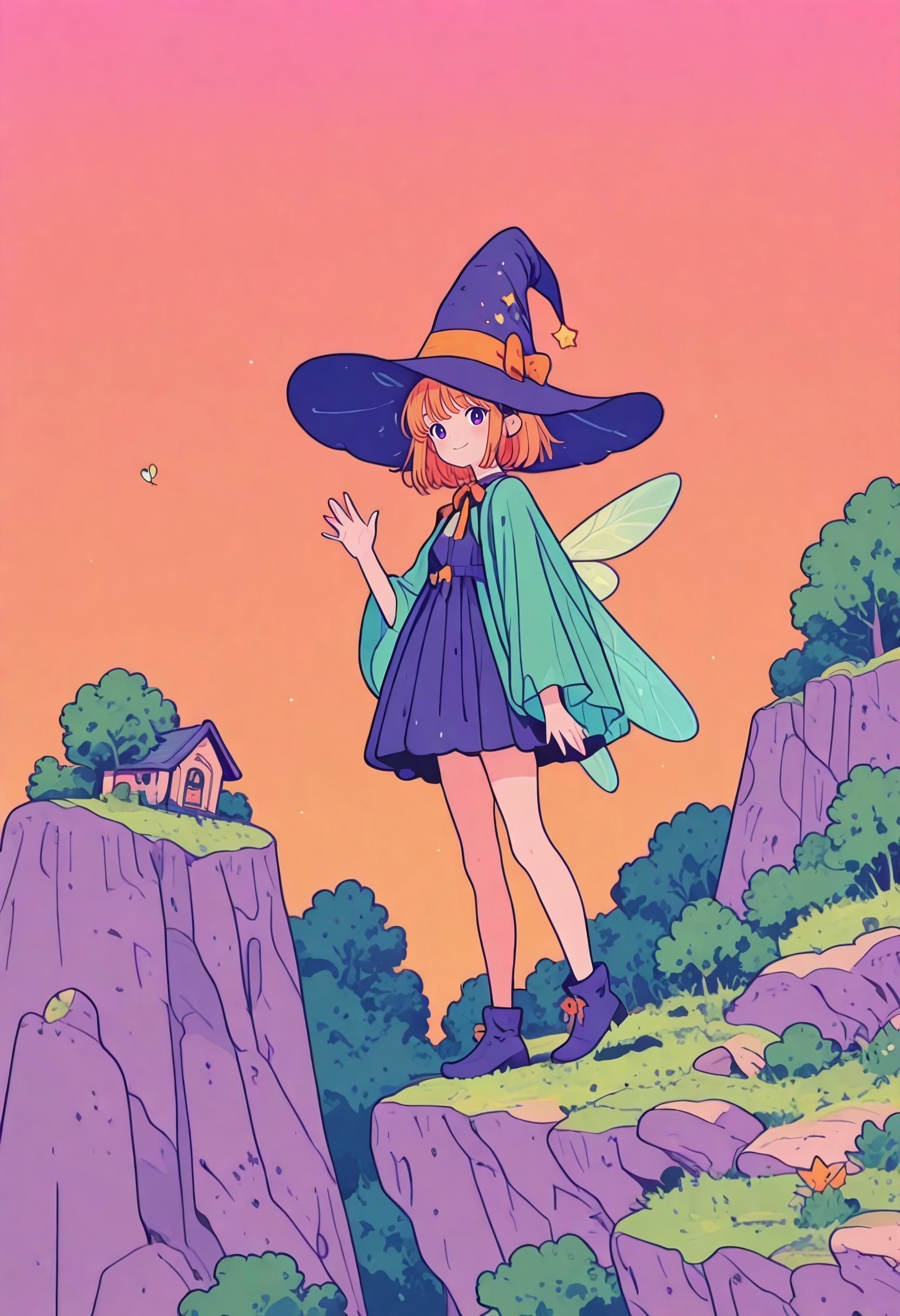 amazing quality, absurdres, digital art, detailed, in the style of cksc, Flatline, Flat vector illustration, (detailed face, beautiful face),

1girl, solo,
girl focus,
fairy wings, flying,
waving at viewer, smile,

cliffs, forests, magical, witch_house,