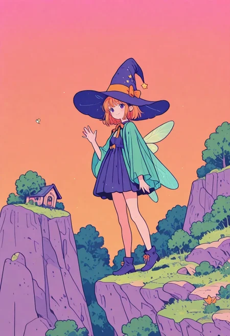amazing quality, absurdres, digital art, detailed, in the style of cksc, Flatline, Flat vector illustration, (detailed face, beautiful face),

1girl, solo,
girl focus,
fairy wings, flying,
waving at viewer, smile,

cliffs, forests, magical, witch_house,