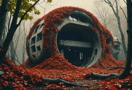 1970s colored, grainy photo,eerie, broke environmental structures curled with red ivy , robotics, photography, cinematic shot,  minimalistic background, bold lines,poster, intricate,artstation, <lora:add-detail-xl:1>