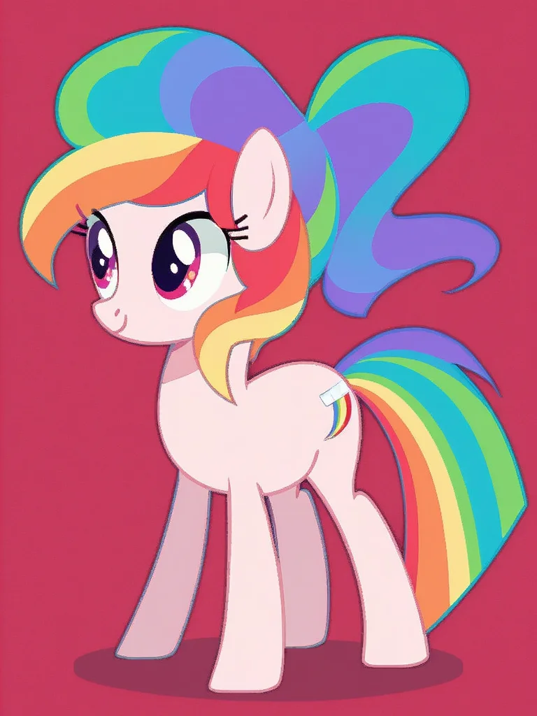 feral pony,Rainbow hair, show accurate, red background,sharp image of a digital illustration of a pony's head. The pony has a rainbow-colored mane that is styled in a messy, messy manner. The mane is made up of multiple colors, including red, orange, yellow, green, blue, purple, and pink. The eyes are large and round, and the pony's nose is small and pointed. The background is a light green color. The overall style of the illustration is cartoon-like and playful.<lora:Pony\PonyMinimalStyle.safetensors:0.8:0.8><lora:Flux\flat\Minimalist_Flux.safetensors:1.0:1.0>