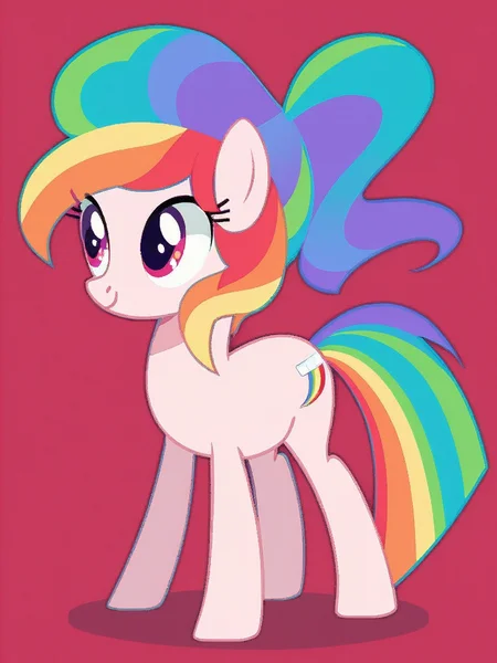 feral pony,Rainbow hair, show accurate, red background,sharp image of a digital illustration of a pony's head. The pony has a rainbow-colored mane that is styled in a messy, messy manner. The mane is made up of multiple colors, including red, orange, yellow, green, blue, purple, and pink. The eyes are large and round, and the pony's nose is small and pointed. The background is a light green color. The overall style of the illustration is cartoon-like and playful.<lora:Pony\PonyMinimalStyle.safetensors:0.8:0.8><lora:Flux\flat\Minimalist_Flux.safetensors:1.0:1.0>