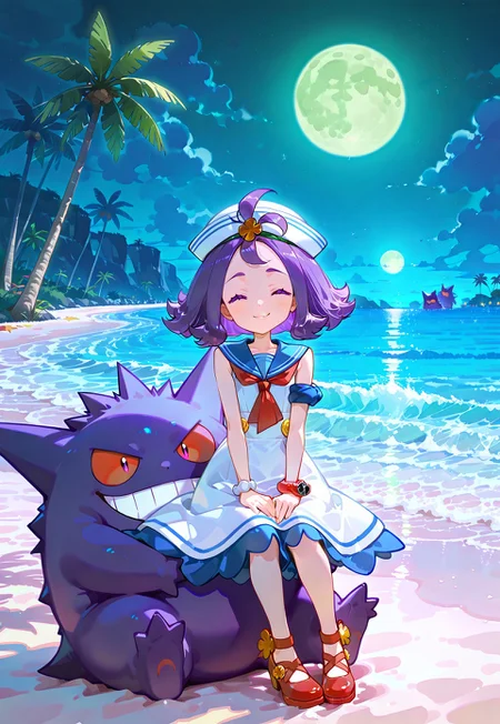 masterpiece,best quality,amazing quality,very aesthetic,absurdres,newest,
anime screenshot, anime coloring, flat color,
BREAK 

1girl,
1girl,
sumacerola, [acerola_\(pokemon\)], medium_hair, purple_hair,
 purple_eyes,

 sailor_hat, white_hat, sleeveless_dress, white_dress, armlet, bracelet, red_neckerchief, sailor_collar, shoes, red_footwear official_alternate_costume,

smile,
closed eyes,
closed mouth,


BREAK 


sitting,

Gengar\(pokemon\),



outdoors,beach,sea,island,palm tree,shade,windy,
night,dark, harsh lighting,green moon,purple light,


looking at viewer