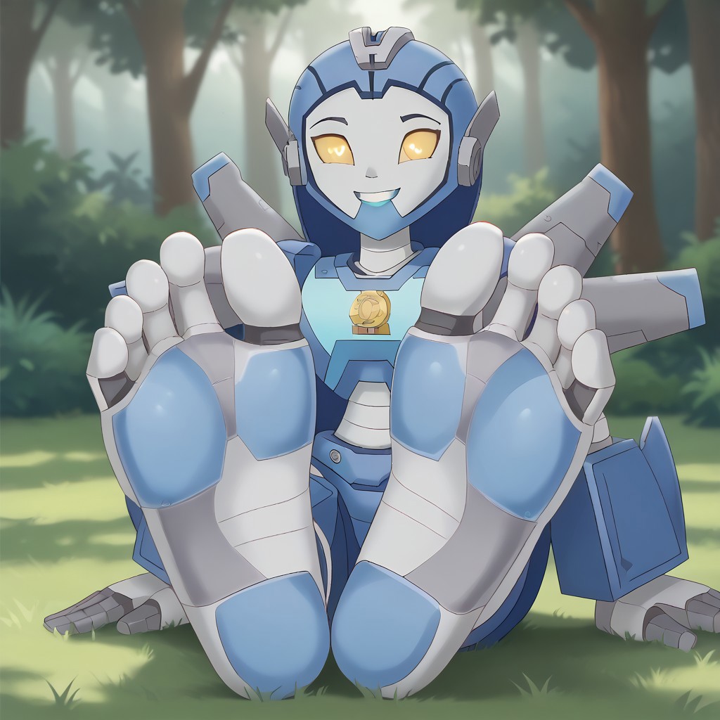 score_9, score_8_up, BREAK, (masterpiece:1.4), (best quality:1.2), solo, perfect anatomy, accurate anatomy, perfect feet, perfect soles, PONYXL_WaifuFeetPics_ownwaifu, solo, 1girl, Whirl , Autobot, yellow eyes, glowing eyes, alien girl, robot, robot girl, humanoid robot, mecha, barefoot, human feet, humanoid feet, sexy pose, self portrait, smile, outdoors, sunlight, shadows, evening lighting, natural lighting, forest, trees, grass, orange sky, sunset, (((sitting, barefoot, foot focus, feet, soles)))