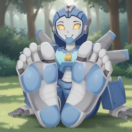 score_9, score_8_up, BREAK, (masterpiece:1.4), (best quality:1.2), solo, perfect anatomy, accurate anatomy, perfect feet, perfect soles, PONYXL_WaifuFeetPics_ownwaifu, solo, 1girl, Whirl , Autobot, yellow eyes, glowing eyes, alien girl, robot, robot girl, humanoid robot, mecha, barefoot, human feet, humanoid feet, sexy pose, self portrait, smile, outdoors, sunlight, shadows, evening lighting, natural lighting, forest, trees, grass, orange sky, sunset, (((sitting, barefoot, foot focus, feet, soles)))
