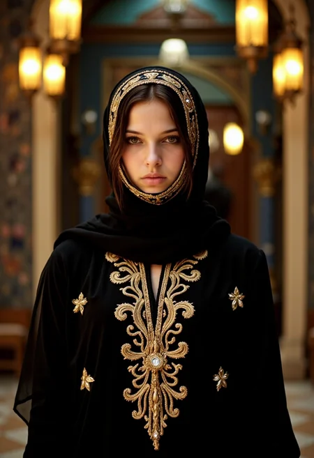 iphone photo (full body shot:1.5) image of an (25-year-old:1.1) incredibly beautiful Arabian woman wearing an elegant black gown adorned with gold embroidery and sequins. A delicately embroidered scarf frames her face. Background features a luxurious Middle Eastern interior with mosaic patterns and soft glowing lanterns. Her expression is mysterious, with porcelain-like skin
(photorealistic:1.25), UHD, (shot on a Sony A7III:1.25), optimal photography, natural lighting . large depth of field, deep depth of field, highly detailed