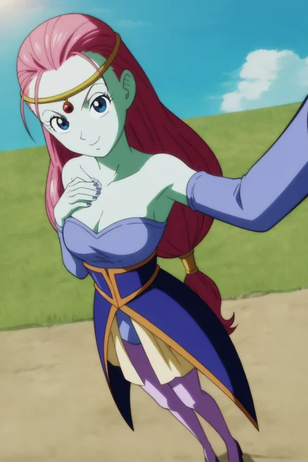 source_anime, score_9, score_8_up, score_7_up, anime screencap,
caway, 1girl, solo, long hair, raised eyebrows, v-shaped eyebrows, eyelashes, breasts, looking at viewer, smile, blue eyes, detached sleeves, collarbone, strapless, dress, blue dress, cleavage, bare shoulders, medium breasts, skirt, yellow skirt, gold headwear, standing, full body, pink hair, purple legwear, outdoors, sky, day, cloud, high heels, black footwear, knee up, from above, colored skin, green skin, selfie, grass, low-tied long hair, circlet, pantyhose,
<lora:caway_pony_v1.0:0.8>