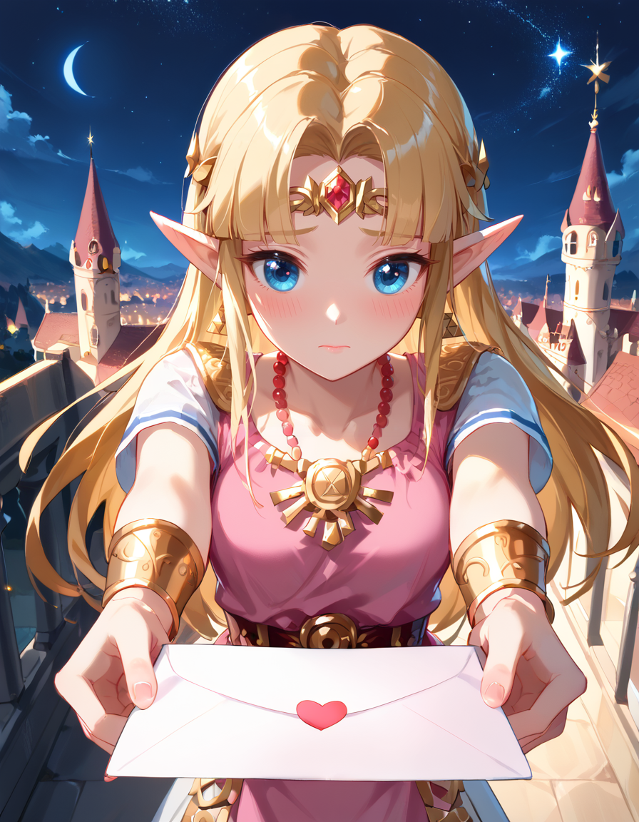 score_9, score_8_up, score_7_up, details,volumetric lighting, dynamic angle, rating_safe, 
fantasy castle, court year, night, starry sky, 
<lora:princess_zelda_XL_pony_bf16_v1:0.7> princess zelda, nervous, open eyes, blush, looking away, looking to side
<lora:love-letter-ponyxl-lora-nochekaiser:0.7>, love letter, heart, valentine, letter, confession, incoming gift, outstretched arms, 
BREAK
from above, 
 <lora:add-detail-xl:1.5>