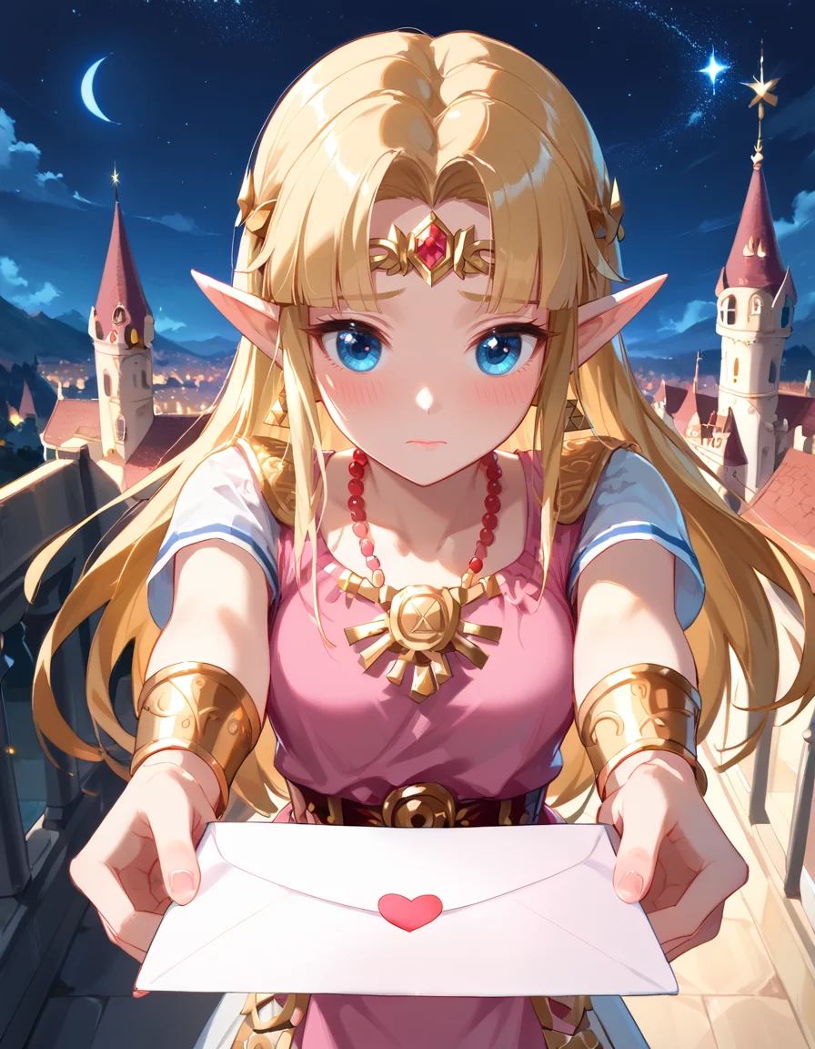 score_9, score_8_up, score_7_up, details,volumetric lighting, dynamic angle, rating_safe,
fantasy castle, court year, night, starry sky,
<lora:princess_zelda_XL_pony_bf16_v1:0.7> princess zelda, nervous, open eyes, blush, looking away, looking to side
<lora:love-letter-ponyxl-lora-nochekaiser:0.7>, love letter, heart, valentine, letter, confession, incoming gift, outstretched arms,
BREAK
from above,
<lora:add-detail-xl:1.5>