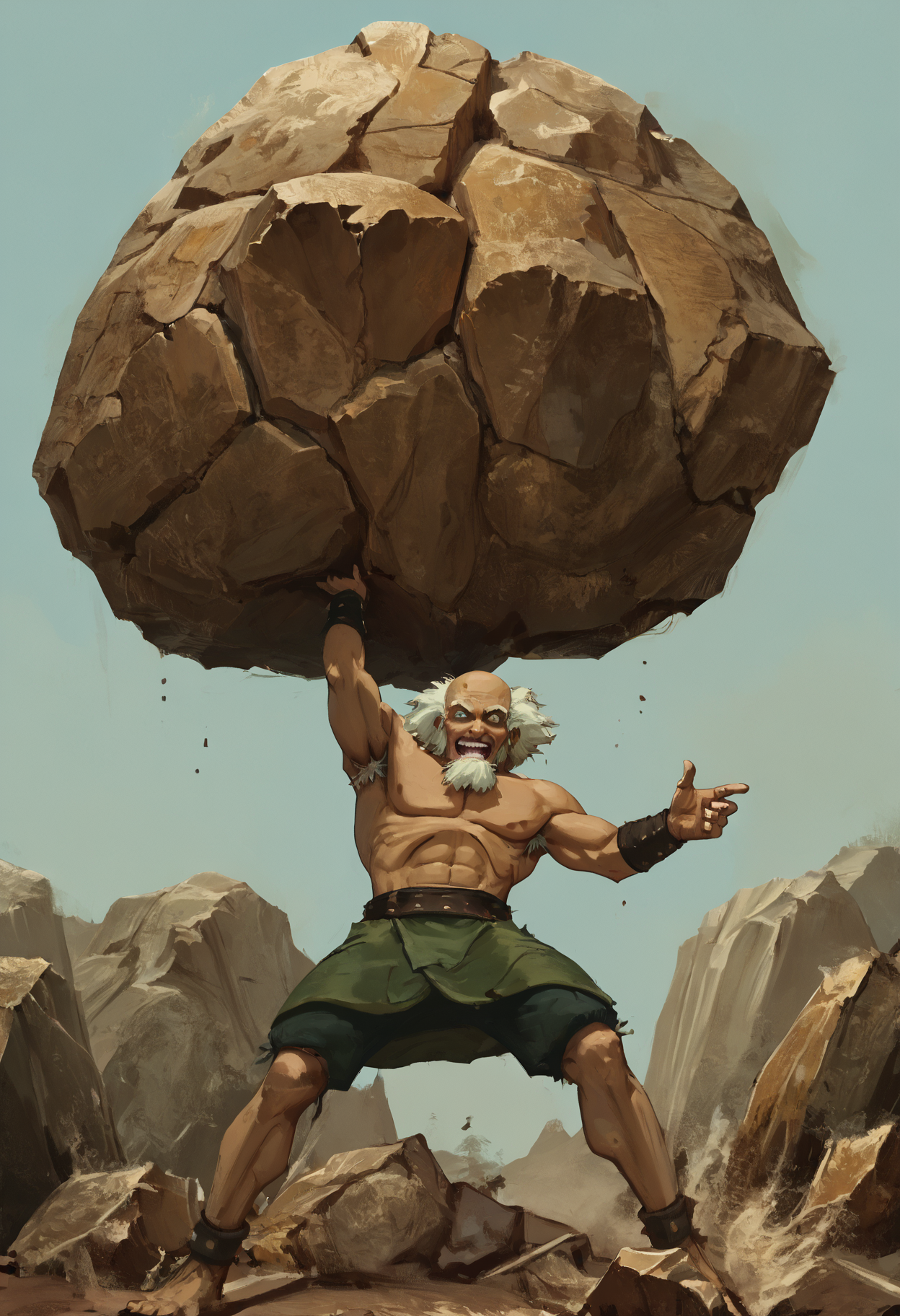 score_9,score_8_up,score_7_up,high quality,highres,masterpiece,<lora:King_Bumi_Avatar_The_Last_Airbender:0.8>,bald,dark skin,topless male,facial hair,beard,white hair,old man,old,muscular,pecs,crazy,from below,<lora:add-detail-xl:2>,<lora:Lifting_giant_object_Concept:0.8>,lifting giant rock,holding giant rock,arms flexed,giant rock,Liffgbject,arm up,outstretched arm,