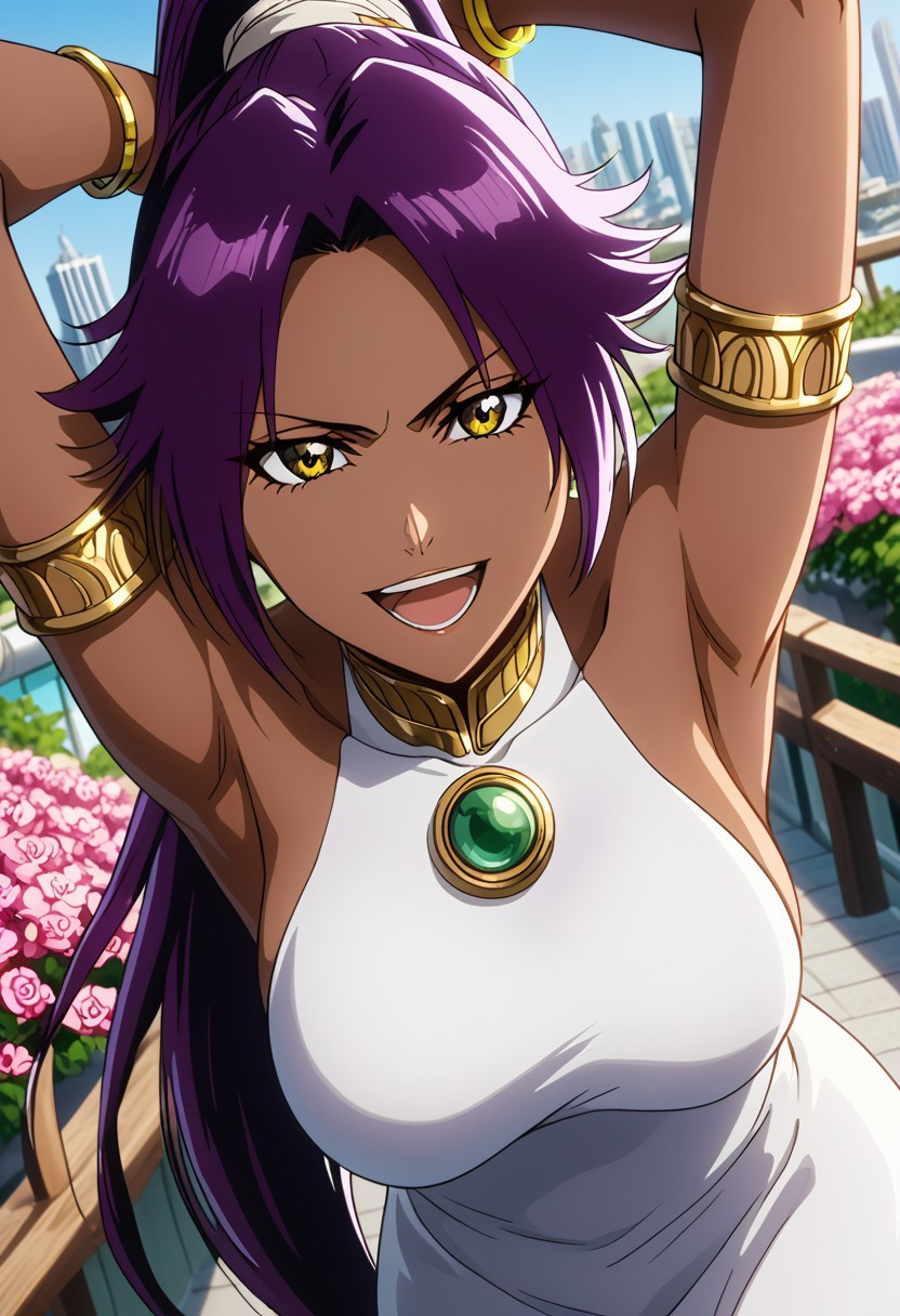 long hair, black pupils, purple hair, ponytail, dark skin, dark-skinned female, high ponytail, yellow eyes, high ponytail, high definition, detailed eyes, TiteKuboStyle, TiteKuboAnimeStyle, BleachTybwStyle, vslinxbleachtybw
OUTFIT:
white dress, highly detailed, highres, high quality, best quality, volumetric lighting, UHD, skin texture, skin detail, high quality skin, highly detailed,bracelets, busty breasts.
BEHAVIOR:
seductive pose, gold armlet, mature female, dutch angle, beautiful face, serious,  arms open, bent forward, portrait, medium breasts, <lora:seductive-smile-ponyxl-lora-nochekaiser:1>, happy, open mouth, teeth.
BACKGROUND:
cheery tree, city, wooden bridge, pink flowers, gardens, birds.