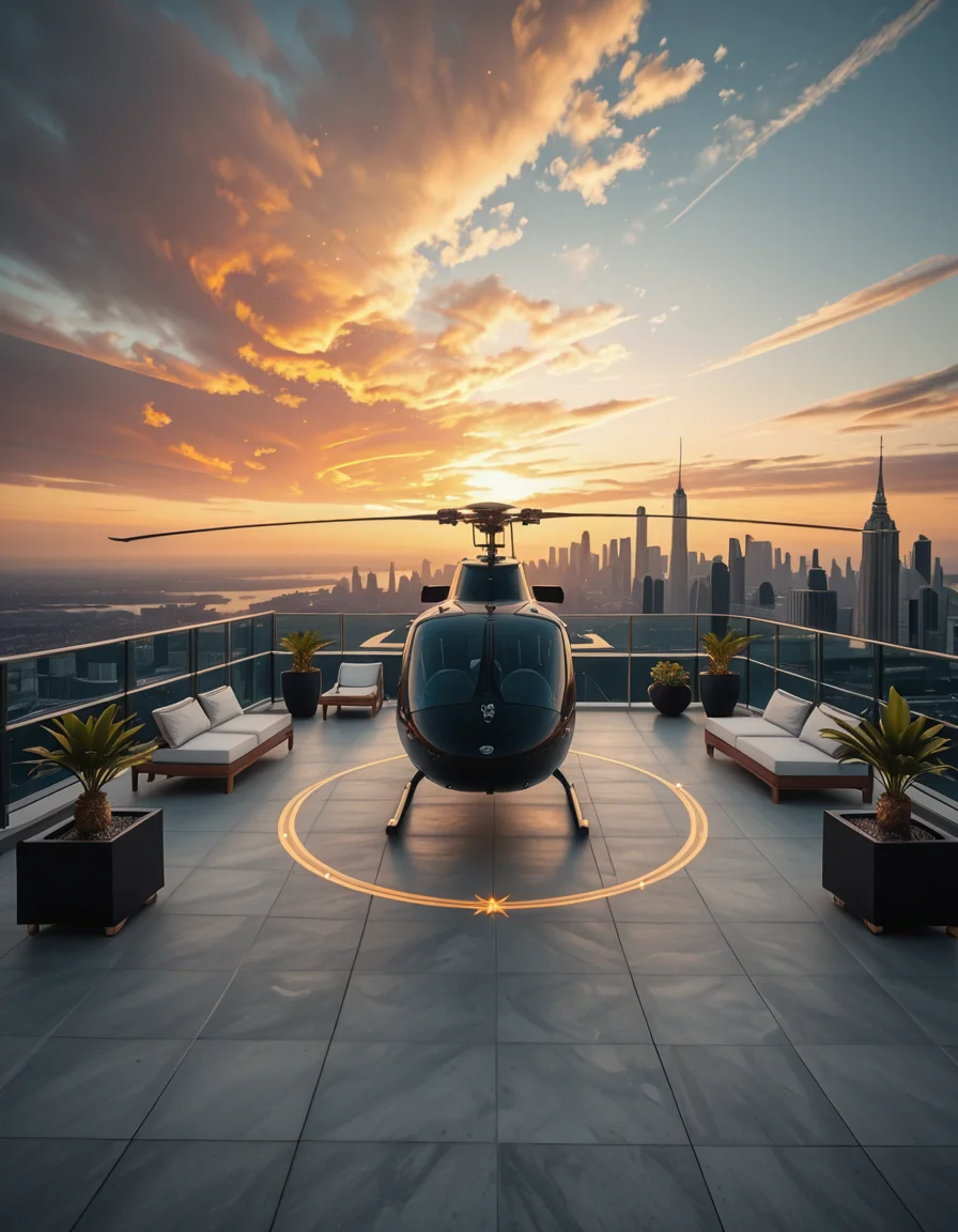 A high-resolution photo of a luxurious rooftop of a five-star hotel at sunset, featuring a sleek helipad with a high-end, matte-black private helicopter elegantly parked. The rooftop is designed with ultra-modern architecture, featuring a spacious terrace with infinity-edge glass railings, ambient lighting, and a panoramic city skyline in the background. The surface of the helipad is clean, polished concrete with clear illuminated markings. Surrounding the helipad, there are lounge areas with modern outdoor furniture, minimalist fire pits, and decorative planters with tropical greenery. The lighting is warm and golden, casting soft shadows and highlighting the contours of the helicopter and the textures of the rooftop. The sky is dramatic, painted with hues of orange, pink, and violet, creating a cinematic atmosphere of luxury and exclusivity. The overall mood is elite, calm, and aspirational, showcasing the ultimate in urban luxury lifestyle.
<lora:SDXLFaeTastic2400:0.4> <lora:extremely_detailed:0.4> extremely detailed,helipad r00ft0p <lora:helipad_r00ft0p-i:1>, Masterpiece,best quality,hi res,8k,hi res,8k,award winning,(sharp focus, intricate, highly detailed),
