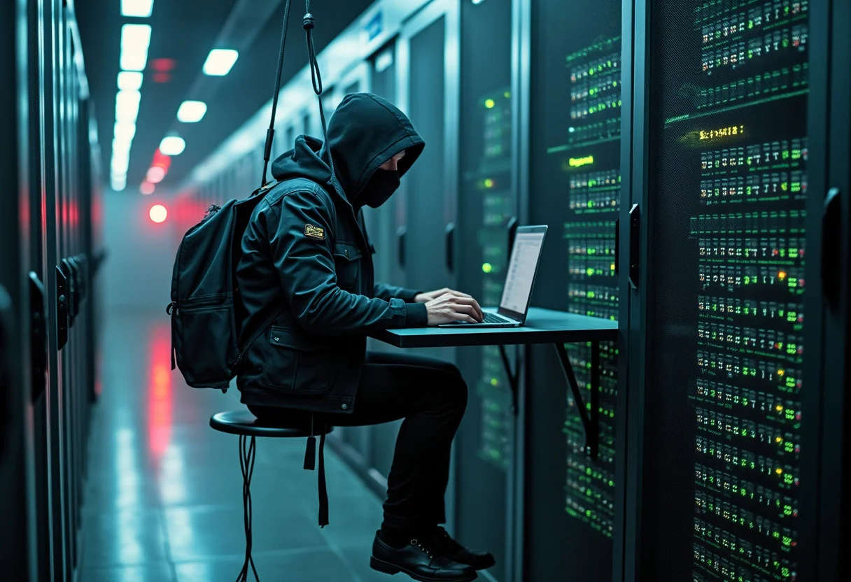 a super secret spy hanging from a wire is doing a heist in a server room, there are security lasers everywhere, he is typing on a keyboard and hacking the mainframe