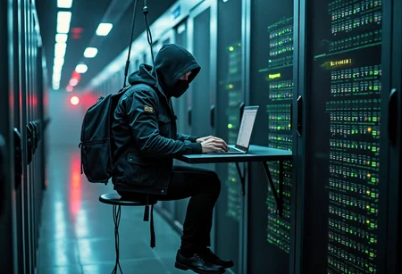 a super secret spy hanging from a wire is doing a heist in a server room, there are security lasers everywhere, he is typing on a keyboard and hacking the mainframe
