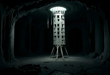 Old aperture, portal 2, 1980's, cavernous, blue light, underground drydock, cranes, dramatic lighting, abandoned science facility, desolate, shipping cranes, Polaroid, massive cave, 1987, towering structures, abandoned, aperture science, catwalks, partially flooded, ((( abandonned, submechanaphobia)))