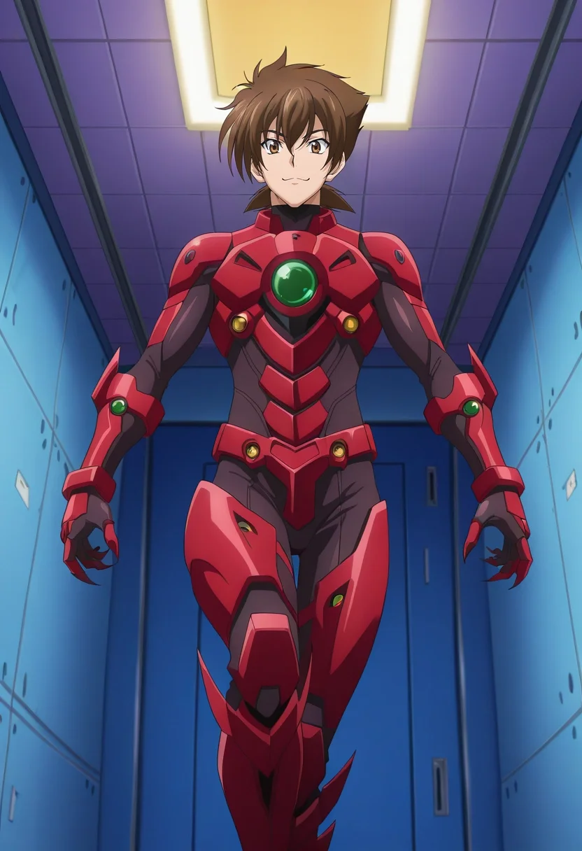 masterpiece, best quality, intricate details, anime screencap, anime coloring, official style, looking at viewer, 1boy, solo, male focus, <lora:issei_hyoudou_ilxl:0.92>, issei_hyoudou, brown hair, brown eyes, hair between eyes, short hair, boosted gear, claws, wide angle, wide shot, cowboy shot, death valley, indoors, standing on one leg, :\3,