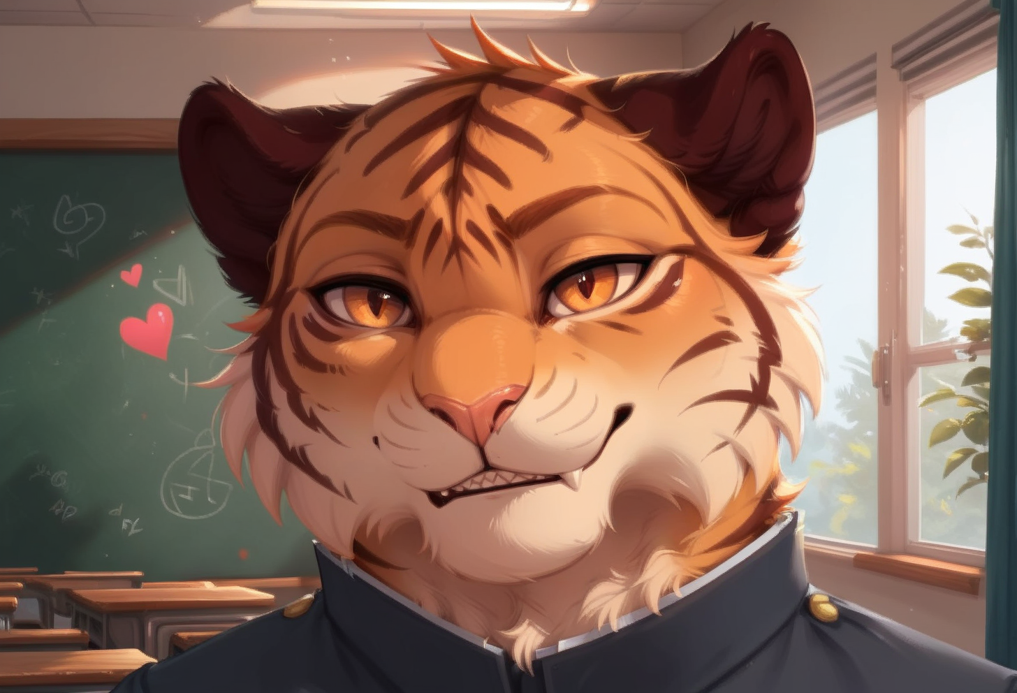 score_9, score_8_up, score_7_up, score_6_up, 1anthro, 1human, male, , furry, detailed fur, anthro, eyes, , perfect face, detailed eyes, perfect eyes, sexy, sexy boy, beautiful eyes, perfect cute face, petite body, face focus, low angle, close up, looking at viewer,   face focus, indoors,   detailed lighting, detailed background,
smug expression,  floating hearts, eye focus, smug, pleased, mischievous, smirk, seductive pose,  flirty, flirting with viewer, posing, seductive pose, posing for viewer, seductive, upper body, portrait, smiling, loving, school, classroom, 
detailed eyes, perfect eyes, beautiful eyes, , bedroom eyes, detailed eyes, perfect eyes, beautiful eyes, , detailed fur, tail, eyes, realistic fur, , solo, 1 boy, young, (((handsome, detailed face and eyes))),   solo, anthro, male,  chubby, overweight, fat,  tiger, striped fur, orange eyes, two tone fur, feline, tiger tail, long tail,  Jun_Kobayashi, Jun, wearing school uniform, grey clothes, gray clothes, uniform,  clothed, tiger tail visible, <lora:Jun_Kobayashi_-_Tennis_Ace:0.55>
tail, uncensored,
<lora:princess_xl_v1:1> <lora:Expressive_H:0.8> <lora:g0th1cPXL:0.45> <lora:incase-ilff-v3-4:0.3>, feline mouth, sharp teeth,
<lora:CleanDetailed_Eyes:0.25> <lora:Better_caninefeline_mouth:0.2>
