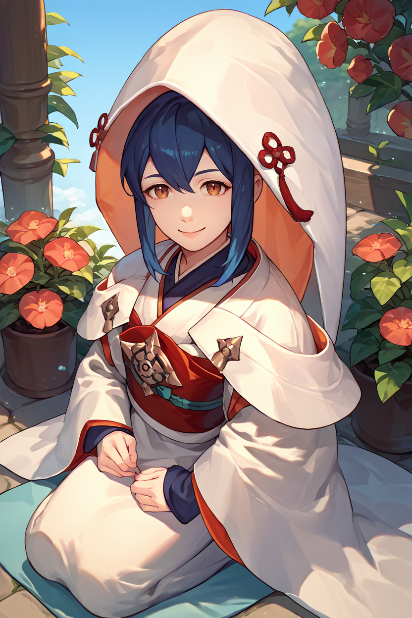 score_9, score_8_up, score_7_up, score_6_up, source_anime, 1girl, solo, <lora:feoboro-pdxl-nvwls-v1-000007:1> feobo, dark blue hair, hood, white kimono, red sash, long sleeves, sitting, kneeling, looking at you, garden, blue sky, smile
