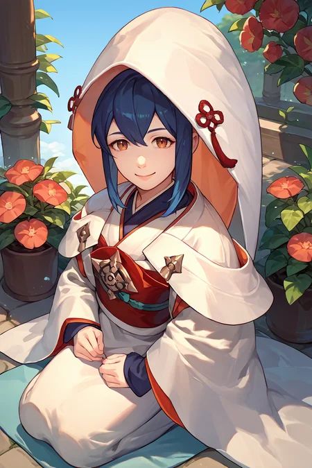 score_9, score_8_up, score_7_up, score_6_up, source_anime, 1girl, solo, <lora:feoboro-pdxl-nvwls-v1-000007:1> feobo, dark blue hair, hood, white kimono, red sash, long sleeves, sitting, kneeling, looking at you, garden, blue sky, smile