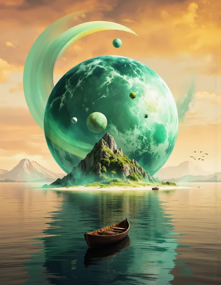 A surreal digital illustration shoot from a far camera angle about a large, colorful sphere reflecting light over a small island in calm water, with a small wooden boat in the foreground. the image also shows a serene landscape with a distant mountain and a distant planet. on the middle of the image, a small, green, planet appears to be floating in the water, surrounded by a calm, reflective surface. the sky is a gradient of warm oranges and pinks, with no clouds in sight. the planet is large and round, resembling a sphere, and it is illuminated by a soft, ethereal light. on top of the planet, there are two smaller, green planets, one larger and one smaller, with their reflections visible on the water's surface. above the larger planet, a few birds are flying, adding to the peaceful atmosphere of the scene. the overall effect is one of tranquility and serenity.