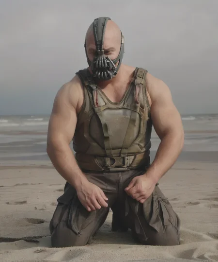 best quality, masterpiece, bane, kneel down, sand, beach <lora:Bane:0.85>