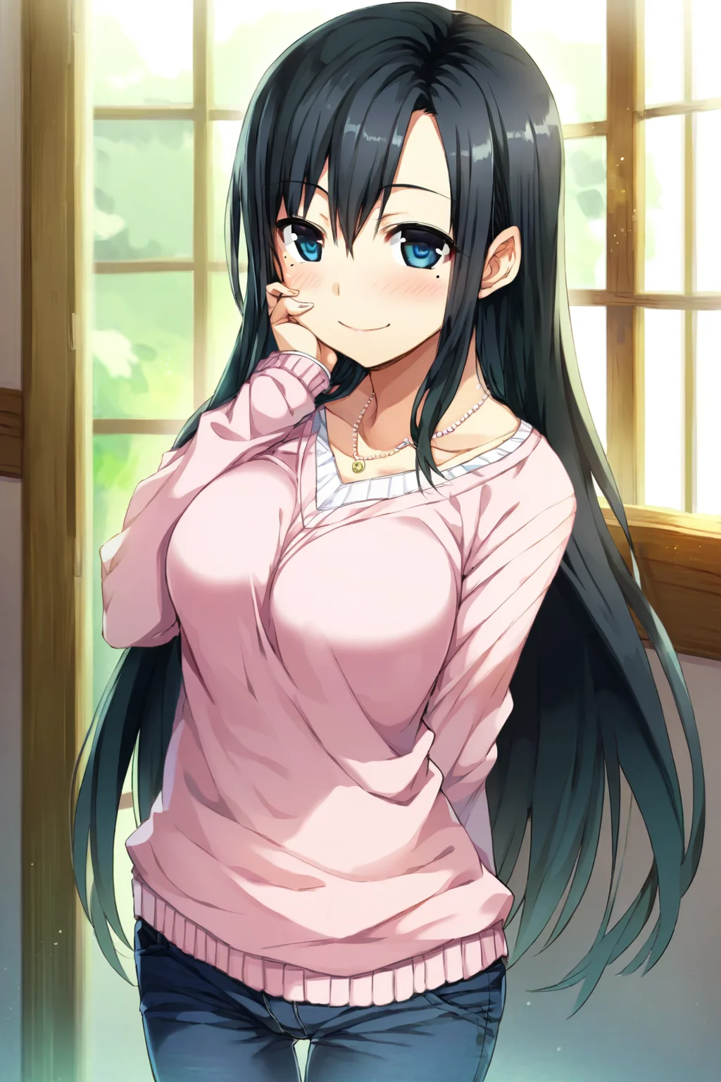 core_9,score_8_up,uncensored,1girl,<lora:CURA_pony_V2:0.9>,arishima nahoko,1girl,solo,black hair,sweater,smile,jewelry,long hair,pants,necklace,thigh gap,mole,looking at viewer,blush,hand on own face,barefoot,blue eyes,full body,hand on own cheek,