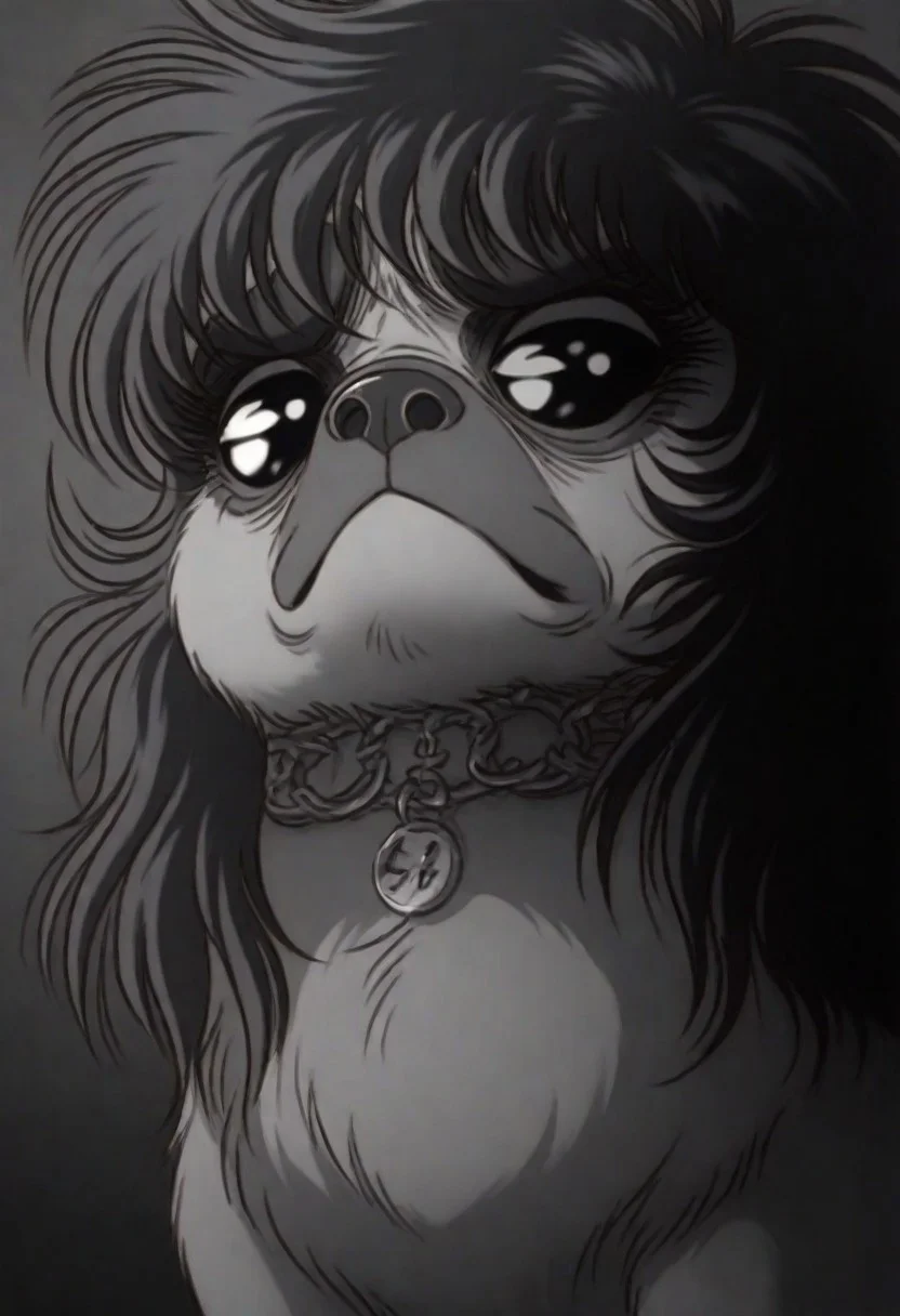 masterpiece, best quality, amazing quality, just a pug, pug, zodikki1, kurumada hair, kurumada eyes,