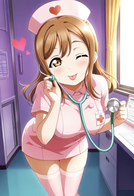 masterpiece,best quality,amazing quality, kunikida hanamaru, brown hair, amber eyes, long hair, 1girl, nurse cap, one eye closed, solo, stethoscope, tongue out, tongue, thighhighs, hat, heart, dress