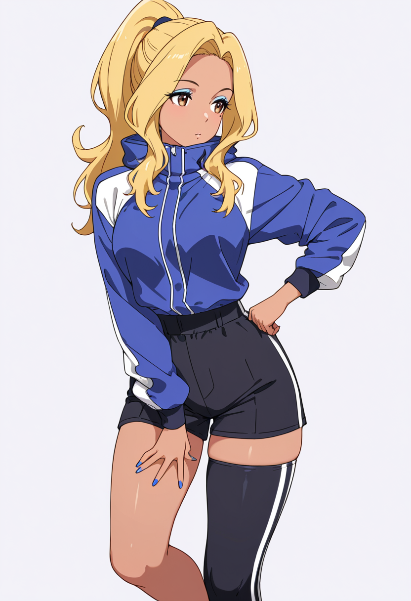 Smooth Quality,masterpiece,very intricate, high quality details, ultra realistic, high detailed skin,detailed enviorement,absurdres,
 <lora:Gotou_Shino_Shiipon_CNR:0.8> gotou_cnr, blonde hair,long hair, ponytail, brown eyes, dark-skinned female, mole, nail polish, eyeshadow,, simple background, white background, front view,solo,
one hand on hip, opposite leg lifted backward, torso counterbalanced  ,, x3,, anorak,  ,windbreaker,  ,asymmetrical stockings,  ,