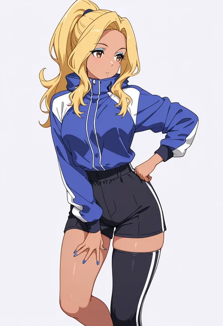 Smooth Quality,masterpiece,very intricate, high quality details, ultra realistic, high detailed skin,detailed enviorement,absurdres,
 <lora:Gotou_Shino_Shiipon_CNR:0.8> gotou_cnr, blonde hair,long hair, ponytail, brown eyes, dark-skinned female, mole, nail polish, eyeshadow,, simple background, white background, front view,solo,
one hand on hip, opposite leg lifted backward, torso counterbalanced  ,, x3,, anorak,  ,windbreaker,  ,asymmetrical stockings,  ,