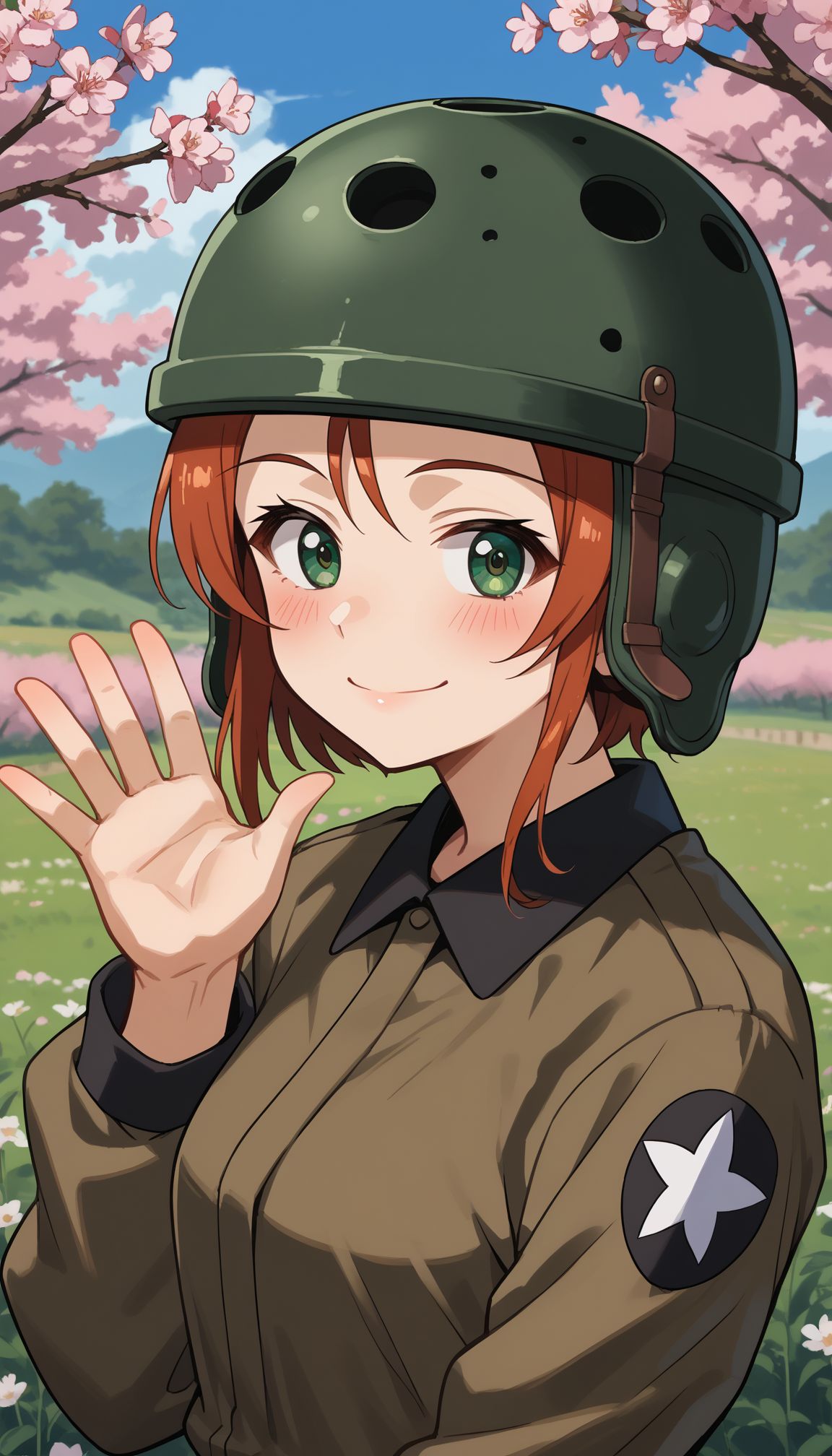 score_9, score_8_up, score_7_up, source_anime, ,outdoors,cherry blossoms,standing,cowboy shot,smile,waving, flower field
 <lora:GUPHelmet:1>, GUPHelmet, 1girl, 
helmet, gloves, saunders military uniform, auburn hair, looking at viewer, jacket, green eyes, upper body, smile, simple background, blush, short hair, :3, long sleeves, closed mouth