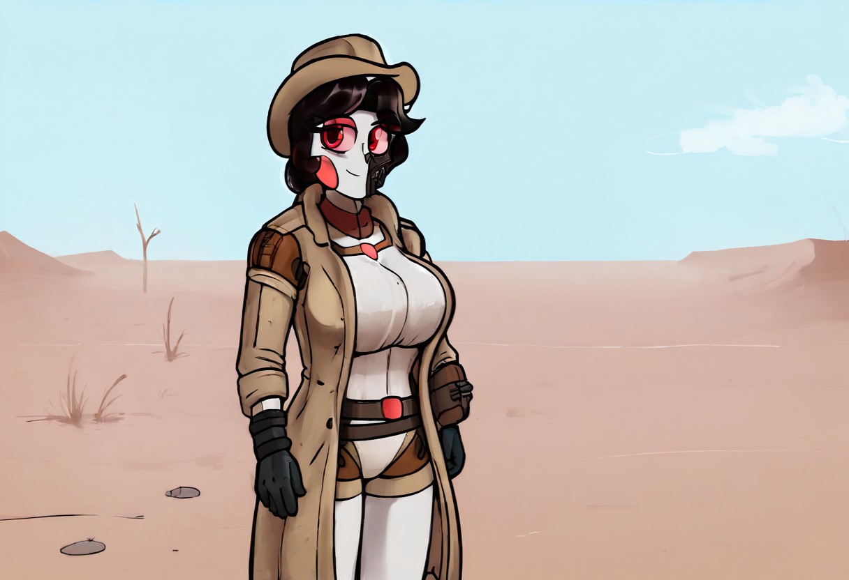 score_9, score_8_up, score_7_up, score_6_up, BREAK, solo, 1girl, robot, aria, red eyes, black hair, large breasts, pale skin, white skin, d3sertranger, outdoors, desert, wasteland, scenery, sunlight, day, black gloves , trench coat, breastplate, absurdres, looking at viewer, cute, attractive, eye contact, standing, smirk, cartoon style, vibrant, highly detailed, cowboy hat,