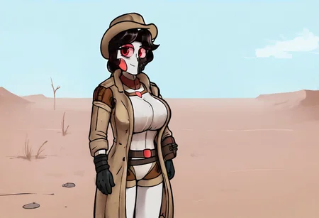 score_9, score_8_up, score_7_up, score_6_up, BREAK, solo, 1girl, robot, aria, red eyes, black hair, large breasts, pale skin, white skin, d3sertranger, outdoors, desert, wasteland, scenery, sunlight, day, black gloves , trench coat, breastplate, absurdres, looking at viewer, cute, attractive, eye contact, standing, smirk, cartoon style, vibrant, highly detailed, cowboy hat,
