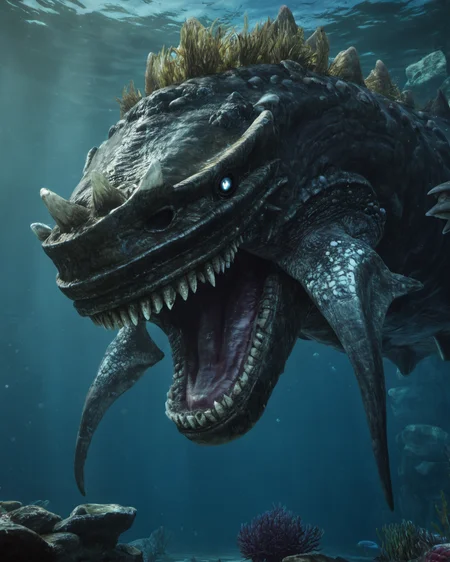 giant sea monster with giant teeths,underwater,cinematic,50nm dof,bokeh,realistic,sharp focus,ultra detailed,128k uhd,awardwinning,trending on artstation, <lora:Colossus-000004:0.6>