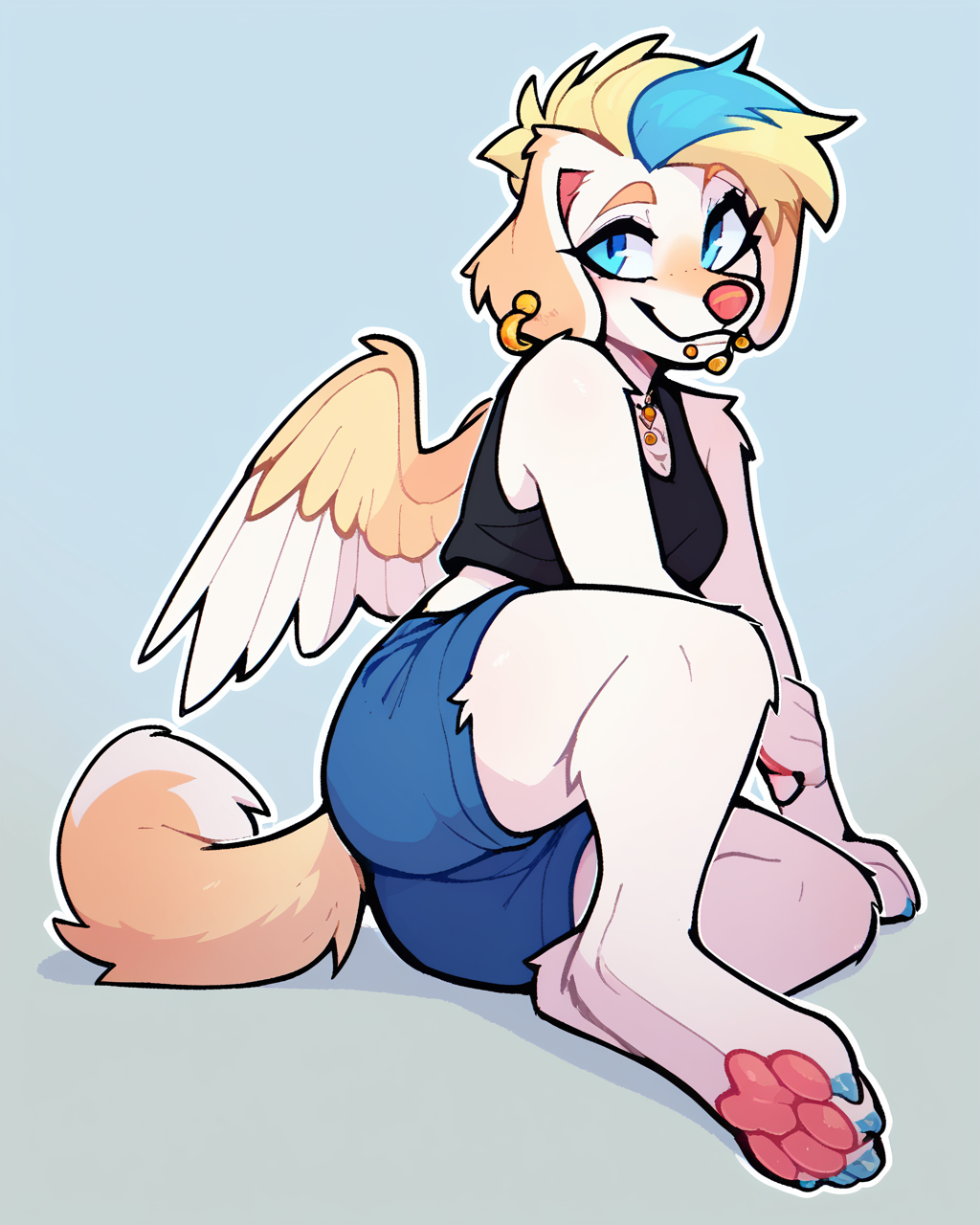 score_9_up, score_8_up, score_7_up, score_6_up, by remanedur, on ground, on side, paws,  female, blue eyes, blue highlights, dog, blonde hair, bridge piercing,  multicolored hair, tail, medium breasts, short hair, earrings, white fur, black tank top, midriff, shorts, wings, chin piercing, ear piercing, floppy ears, looking at viewer, head tilt, solo, happy, smile, three-quarter view, simple background, white outline,  <lora:Leah_Pines(AIM)_XL_v1:0.15> <lora:PDXL_artist_tags_v2_big:0.5> <lora:The-Minuscule-Task_PDXL_v1.0:0.6>  <lora:Aspen_VibeStrike:0.65>