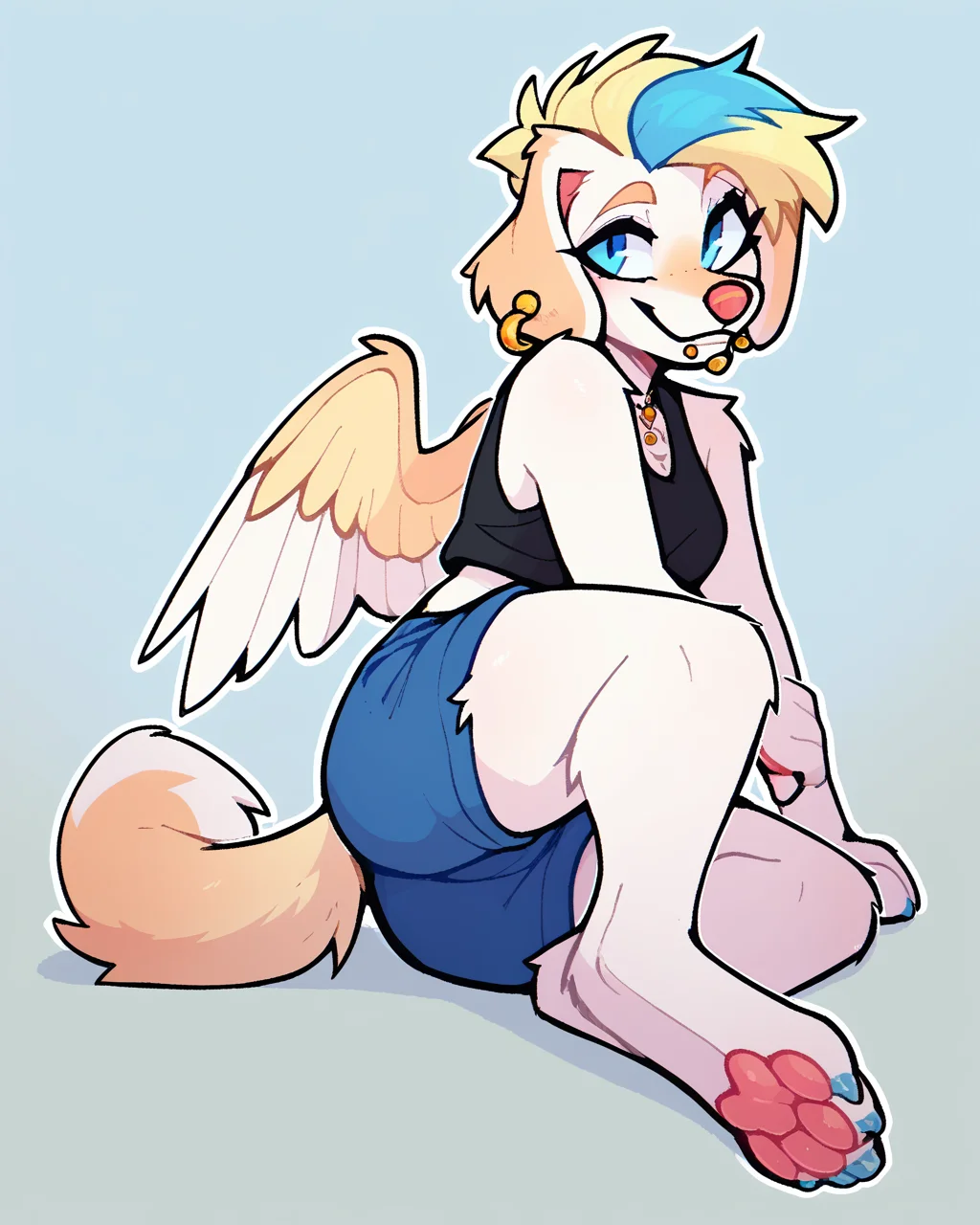 score_9_up, score_8_up, score_7_up, score_6_up, by remanedur, on ground, on side, paws, female, blue eyes, blue highlights, dog, blonde hair, bridge piercing, multicolored hair, tail, medium breasts, short hair, earrings, white fur, black tank top, midriff, shorts, wings, chin piercing, ear piercing, floppy ears, looking at viewer, head tilt, solo, happy, smile, three-quarter view, simple background, white outline, <lora:Leah_Pines(AIM)_XL_v1:0.15> <lora:PDXL_artist_tags_v2_big:0.5> <lora:The-Minuscule-Task_PDXL_v1.0:0.6> <lora:Aspen_VibeStrike:0.65>