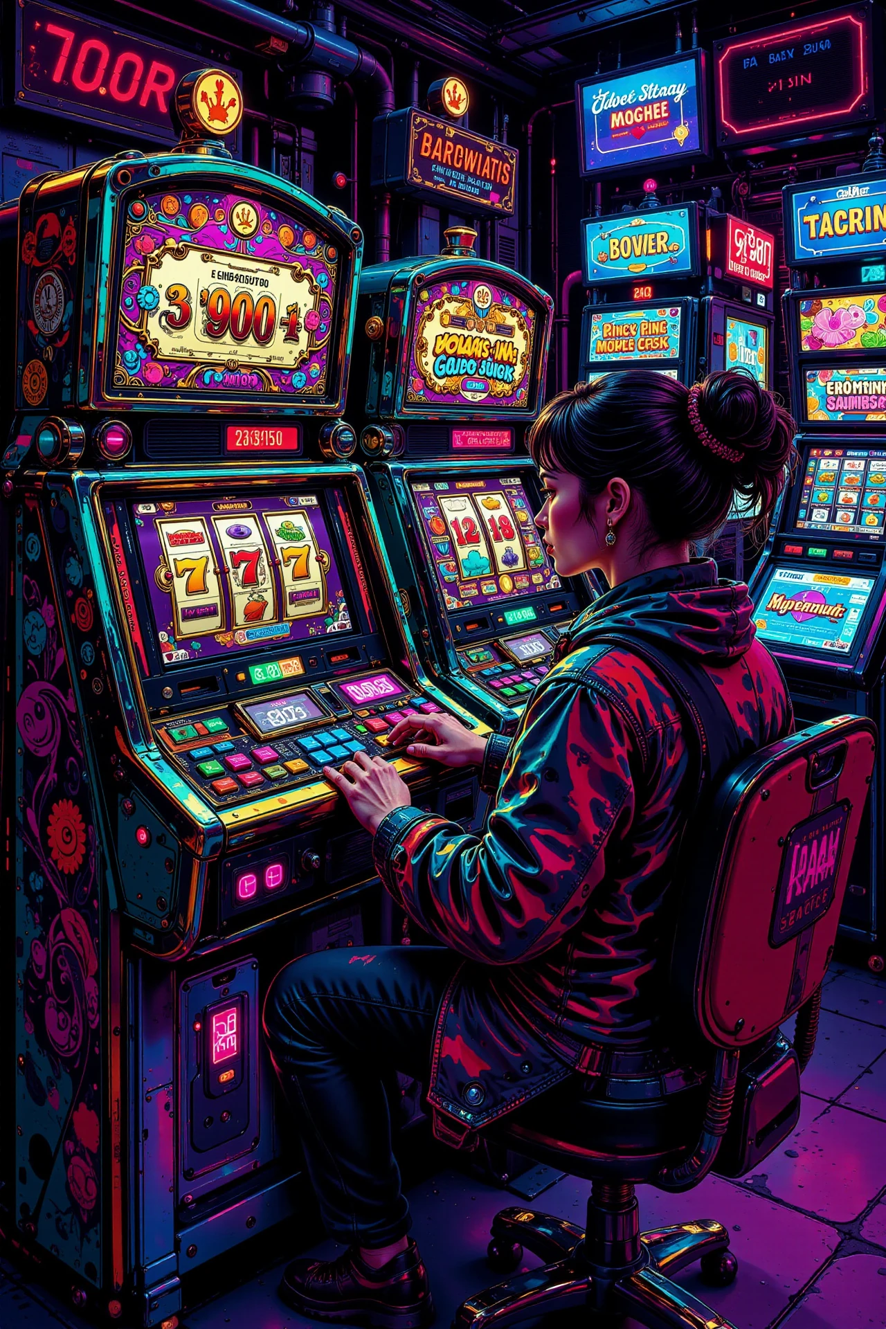 a person playing slots, day, woman, very intricate, very detailed, sharp, bright, colorful, <lora:Hand v2:0.5> <lora:Anti-Blur:1><lora:Insane Detail Slider:0.25>  <lora:flux.1_lora_flyway_Epic-detail_v2:0.3> <lora:fluxenhancer:0.25><lora:ck-Neon-Retrowave:0.4> ck-rw, in the style of ck-rw,  <lora:Neurocore Anime Cyberpunk:0.8> A digital artwork in the style of cknc